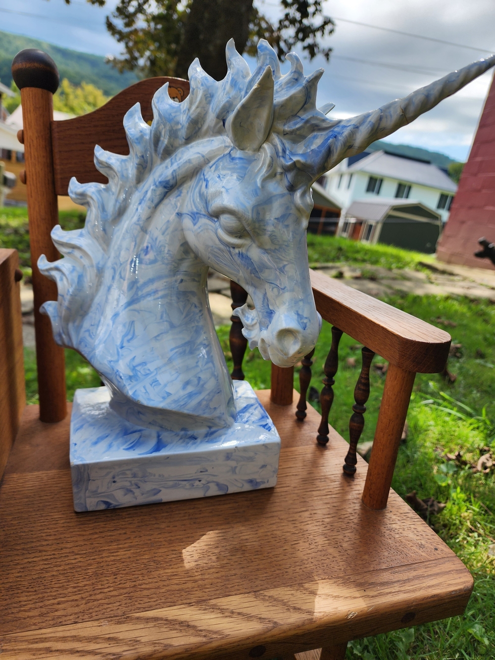 Vintage Blue & White Marbled Ceramic Unicorn Bust Statue Hollywood Regency